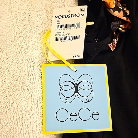 NWT CeCe Floral Print Double Ruffle Mixed Media Top XL. Deep Black - Picture 8 of 8